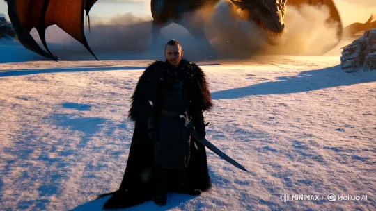 Warrior in black fur cloak faces a massive dragon, snowy battlefield,  cinematic lighting, ultra-detailed, photorealistic fantasy scene by Hailuo AI Video Generator