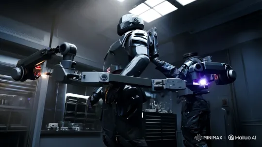 [Truck left,Push in,Pan right]Low angle, dynamic motion: A modern marine in a sleek, dark gray composite battlesuit undergoes a precise suit-up sequence. Robotic arms attach armor pieces with power and precision, reflecting the room’s light source. Tiny welding sparks illuminate the process. The camera moves slowly around the marine, capturing every by Hailuo AI Video Generator