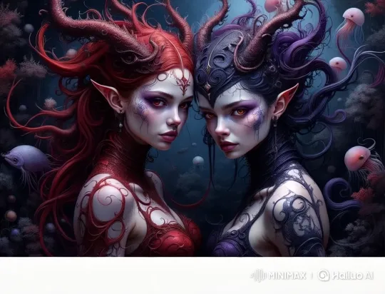 The two girl moved slowly and mouth talking, the group of jellyfish moved swimming flow slowly, its movements were very smooth by Hailuo AI Video Generator
