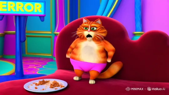 **"A fat orange cat sitting dramatically on a red velvet couch, wearing tiny pink yoga pants that are too tight on its belly, looking shocked at a digital scale showing 'ERROR'. Empty cake plate next to it with crumbs scattered. Cartoon style, vibrant colors, exaggerated expressions, 3D render, playful lighting, ultra-detailed, humorous vibe. Text bubble: 'This scale is clearly anti-cat!'"** by Hailuo AI Video Generator