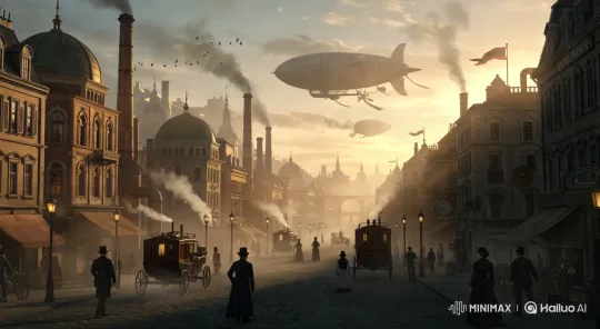 A cinematic shot of a steampunk city at sunset. The camera slowly flies forward above cobblestone streets, passing over rooftops with brass gears and copper pipes. Billowing steam rises from tall chimneys, drifting through golden sunlight. A massive airship glides smoothly overhead with rotating propellers and glowing navigation lights. People in Victorian steampunk fashion cross the streets, and mechanical carriages hiss with bursts of steam. Flags wave in the wind, and flocks of birds fly across the glowing sky. Light fog rolls between the buildings as the camera tilts upward toward the setting sun. Ultra-realistic, smooth motion, dramatic lighting, 4K cinematic animation. by Hailuo AI Video Generator