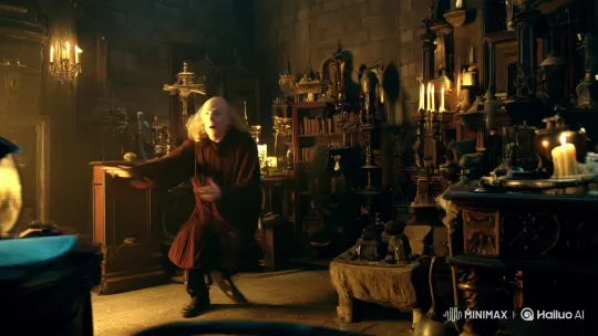 [Truck left,Push in,Pan right]a panicked sorceror rumages through antiques

[Pedestal down,Tilt up]The sorcerer finds a skull chalices

[Push out,Pedestal up,Tilt down]The man rubs the chalice

[Truck left,Pan right,Tracking shot]a demon appears out of the chalice by Hailuo AI Video Generator
