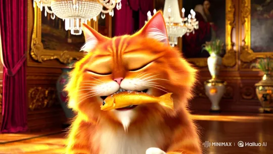 Un gato naranja mullido con pelaje brillante luce una sonrisa amplia y juguetona mientras devora entusiastamente un pescado frito dorado en su lujosa sala. La iluminación cálida proviene de lámparas de araña de cristal que reflejan destellos dorados sobre cuadros barrocos enmarcados en oro que adornan paredes de madera tallada. Planos cerrados estáticos capturan cada bocado, mostrando detalles como migajas en sus bigotes y reflejos ámbar en sus ojos entreabiertos, con cortinas de terciopelo carmesí y jarrones antiguos creando profundidad en el fondo minimalista. Sutiles texturas de grano cinematográfico y sombras suavizadas realzan la atmósfera acogedora, manteniendo enfoque nítido en las expresiones cómicas del felino y los destellos de luz en el pescado crujiente. by Hailuo AI Video Generator