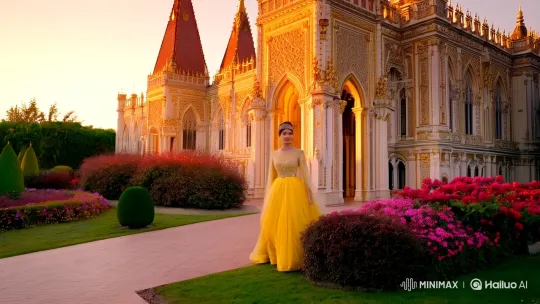 A queen wearing yellow gawon come out from a beautiful palace by Hailuo AI Video Generator