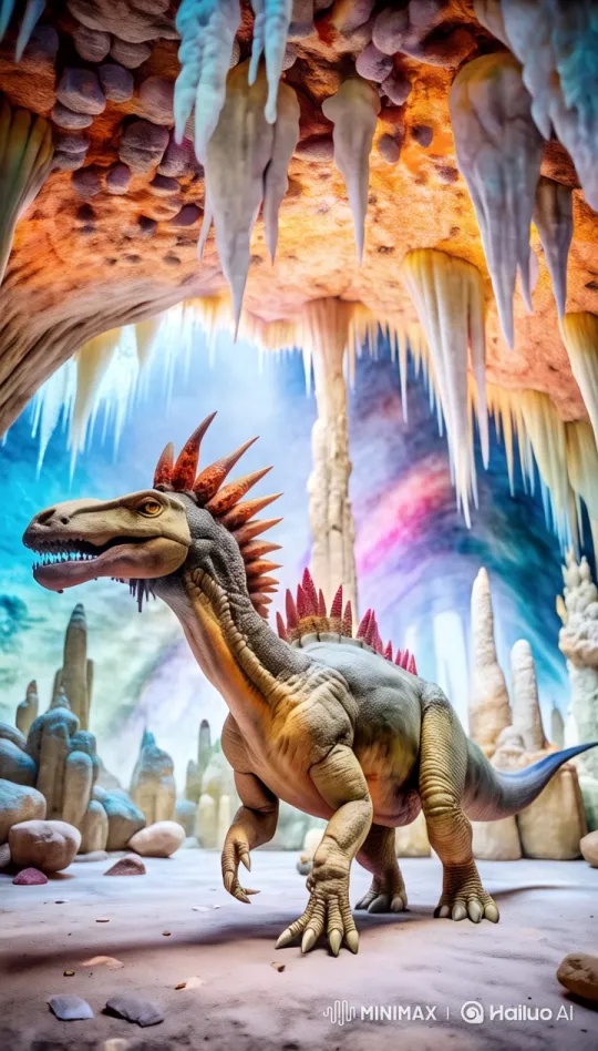 The dinosaur walks on forelimbs, the hind limbs rised up. Psychedelic sci-fi, hyperrealistic. by Hailuo AI Video Generator