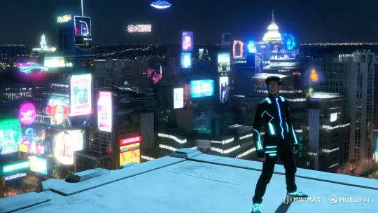 "A futuristic city skyline at night, flying cars, holograms in the air, a boy with glowing eyes standing on a rooftop, cyberpunk style." by Hailuo AI Video Generator
