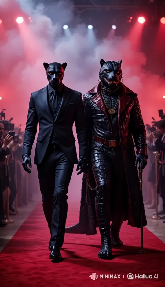 ? Animation Prompt: "Panther Syndicate: The Red Carpet Domination"

Prompt:

> Two black panther humanoids walk down a blood-red carpet under flashing lights and roaring cameras. The left panther is in a sleek, all-black tailored suit—clean, silent, lethal. The right panther, more dominant, wears a textured armored coat with red leather accents, golden chains, and grips a cane like a scepter of power. Smoke rolls in behind them, casting their long shadows across the carpet. The camera spins around in slow motion as the crowd parts in silence, recognizing royalty in motion. Their eyes glow as they lock onto the end of the carpet—a throne awaits. As they pass, paparazzi freeze in fear rather than fame. Final shot: the two stop in sync, stare into the lens, and the screen cracks as if from sheer aura—caption fades in: “Power Wears Black.” by Hailuo AI Video Generator