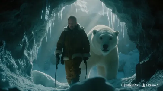 Man walked into winter cave with polar bear by Hailuo AI Video Generator