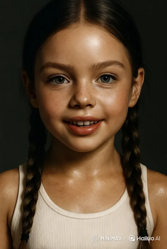 bring the photo to life. the girl smiles sweetly at the camera while tilting her head slightly in a soft-lit studio setting and talks to the viewer. it seems that she is teasing the viewer. Warm golden-hour light creates gentle shadows on her freckled cheeks, with a shallow depth of field blurring the minimalist beige backdrop to emphasize her genuine, age-appropriate expression. by Hailuo AI Video Generator