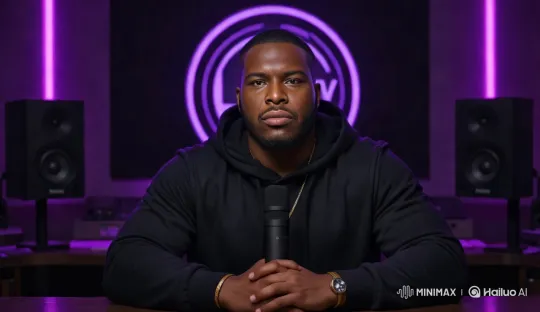 The man talks and moves naturally. His head and hands should have realistic and smooth gestures as he speaks. The purple light in the background should gradually dim then brighten slowly. Keep all movements life like for engagement. by Hailuo AI Video Generator