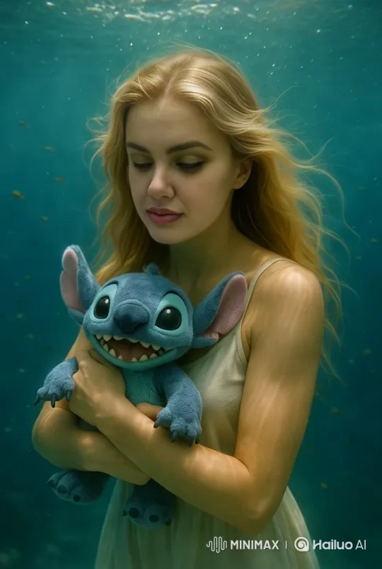 A hyperrealistic underwater cinematic video. A young woman with medium brown skin and long dark hair walks slowly and gracefully toward the camera, wearing a light beige dress that floats with the current. The camera is positioned at eye level, capturing her serene face as her hair sways in the water. In her hands, she holds a soaked blue Stitch plush toy. As she gets closer, she gently brings the plush to her chest and hugs it tightly, closing her eyes with a peaceful, poetic expression. Sunbeams pierce the ocean surface, casting caustic patterns on her skin. Tiny bubbles rise around her. The moment feels magical and timeless. Soft ambient lighting, dreamy underwater textures, long smooth camera movement. Style: cinematic, emotional, tender, slow motion. by Hailuo AI Video Generator