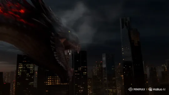 The fire dragon flies and destroys the city by Hailuo AI Video Generator