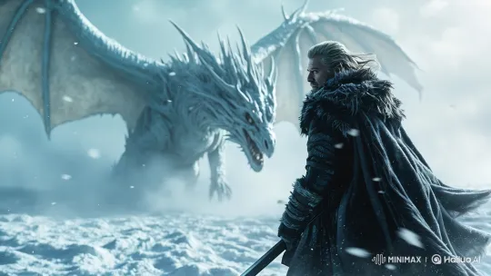 Warrior in black fur cloak faces a massive dragon, snowy battlefield, cinematic lighting, ultra-detailed, photorealistic fantasy scene by Hailuo AI Video Generator
