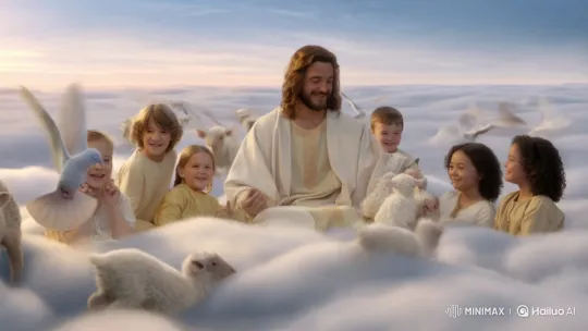 Jesus no paraíso com crianças e anjos animais brincando nas novens by Hailuo AI Video Generator