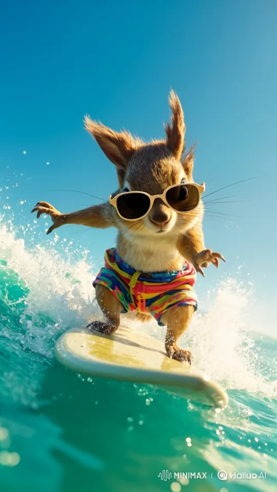 a squirrel surfing it also weare shorts and sunglasses [Truck right,Pan left,Tracking shot] by Hailuo AI Video Generator