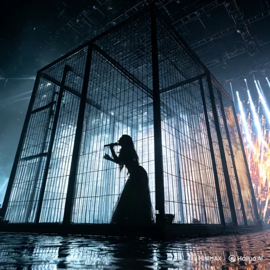 A large indoor concert venue. A woman with long hair wearing a long dress is inside a square iron cage. She is singing passionately with expressive gestures inside the cage. In the background, a gigantic screen emits a dazzling pure white light. The woman and the cage are depicted as a solid black silhouette against the bright background.[Truck left,Pan right,Tracking shot] by Hailuo AI Video Generator