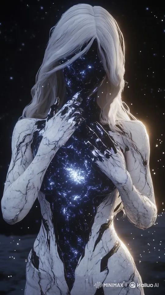 A cosmic humanoid figure with flowing white hair, marble-textured limbs, and a glowing galactic core. The figure gracefully moves its hands to form a glowing heart shape in front of its chest, as particles of light float around it. Its head tilts slowly from side to side in a soft, celestial motion. The entire scene glows with ethereal cosmic light in a loop, vertical format.

Estilo visual: Realista, sci-fi, etéreo
Duración: 5–7 segundos
Formato: Vertical, video en bucle
Fondo: Espacio estrellado con partículas flotantes
Extras: Movimiento de manos fluido y elegante, gesto de corazón, movimiento suave de cabeza by Hailuo AI Video Generator