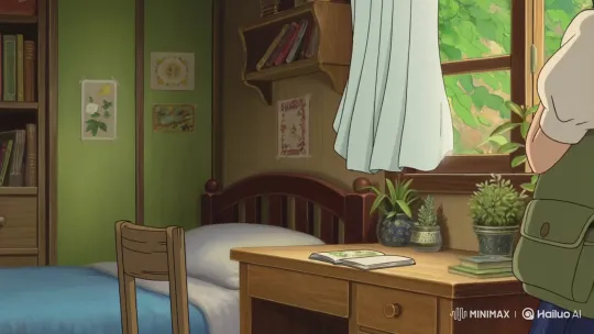 Create a video in the visual style of Studio Ghibli, with soft graphics, warm colors, and a nostalgic atmosphere. The scene begins with a 12-year-old girl entering her bedroom. She has straight, dark brown hair tied in a ponytail, and is wearing a short-sleeved white shirt and a navy blue pleated skirt. The room is softly lit with natural sunlight coming through the window, where light curtains gently sway with the breeze.

She slowly takes off her backpack and places it on the bed, then walks to a light wooden desk. The background features bookshelves, ceramic potted plants, and a few delicate posters on the walls. The room feels cozy, simple, and magical, much like the settings in My Neighbor Totoro or Kiki’s Delivery Service.

The girl calmly sits down, opens a decorated notebook, and begins to study. The camera should switch between soft angles: a side view of her writing, a close-up of the pencil moving across the paper, and a brief glance out the window, showing leaves rustling in the wind. The background music should be gentle, with soft piano melodies and ambient nature sounds like birds chirping. by Hailuo AI Video Generator