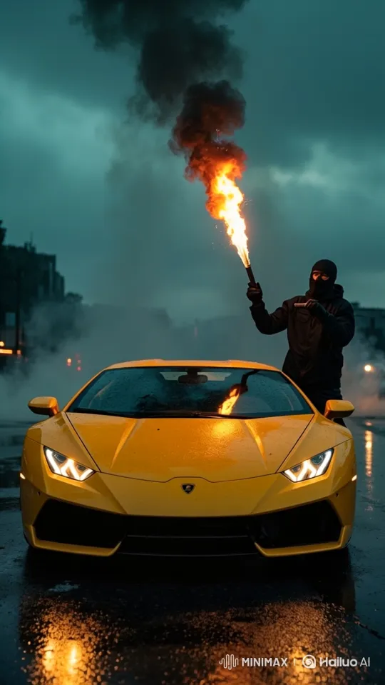 *"A masked man throws a Molotov cocktail at a yellow Lamborghini. Slow-motion as it shatters, igniting a massive explosion. Flames engulf the car, thick black smoke rises, and the man walks away as it burns. Stormy dusk, rain, cinematic lighting."*  

**Key Details:**  
- **Action:** Throw → Impact → Fire spread → Exit.  
- **Mood:** Gritty, dramatic, high-energy.  
- **Visuals:** Slow-mo flames, rain reflections, dark atmosphere. by Hailuo AI Video Generator