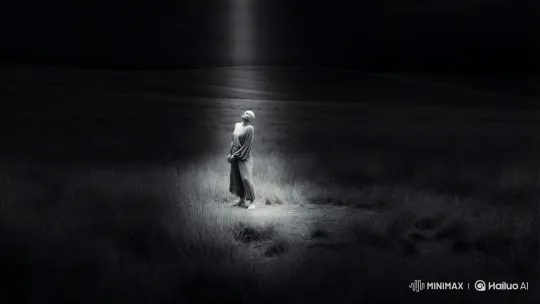 In a vast, endless grassland under a pitch-black sky, the colors are muted and desaturated—but not entirely black and white.
Standing alone in a sharp vertical beam of dawn-like light is a bald woman.
She wears loose, long-sleeved clothing and wide-legged pants. She is barefoot.
She gazes upward, motionless, then suddenly[Truck right,Pan left,Tracking shot] begins to move—her body flowing with the strength and emotion of contemporary dance.
Each movement is raw, grounded, and powerful.
The camera circles her like a drone, orbiting smoothly and capturing the energy of her motion.
As she dances with increasing intensity, she begins to rise slowly off the ground, floating weightlessly.
Her body defies gravity, expressing total liberation—no limits, no boundaries—only movement and light in the darkness. by Hailuo AI Video Generator