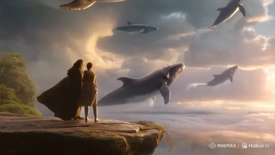 Two people stand side by side at the edge of a high cliff, overlooking a vast sky filled with drifting clouds. Above them, massive whales swim gracefully through the sky as if the clouds were an ocean. The sunlight casts a golden hue on the scene, illuminating the mist trailing from the whales' fins. The figures—one with a cloak flowing in the wind, the other holding a small telescope—watch in silent awe. Style: dreamy, poetic fantasy, soft lighting, painterly atmosphere.[Tilt up] by Hailuo AI Video Generator
