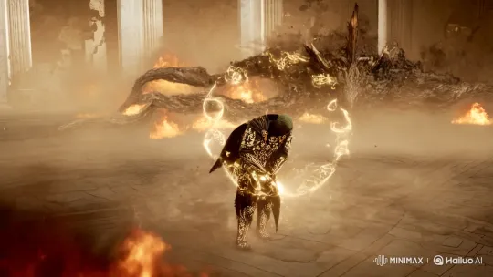 As the shockwave of the first clash fades, the divine warrior pivots with supernatural agility, sliding beneath the beast’s follow-up strike — a sweeping claw that shatters a marble column behind him. He rises in a spiraling motion, his energy sword spinning in a luminous arc, slicing across the creature’s flank. The blow sears the shadow-flesh, burning away part of its arm and releasing a burst of black mist and shrieking wails. The beast staggers, but before it can recover, the warrior slams his gauntleted fist into the ground, summoning a blinding ring of golden light that radiates outward like a divine pulse. The ancient symbols on his armor blaze to life, floating around him in orbit as protective sigils.

The creature snarls, erupting into a storm of wings and tendrils, shifting forms chaotically in a desperate counter. As it lunges forward with multiple arms formed of smoke and bone, the warrior leaps skyward — cloak flaring, sword raised high — then crashes down like a meteor, striking with holy fury. The ground beneath the impact craters, a dome of golden light pushing the shadows back. Time seems to slow as both combatants lock eyes through fire and dust by Hailuo AI Video Generator