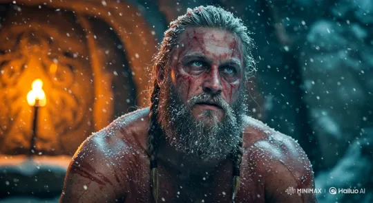 4K cinematic close-up of a bloodied, battle-worn Viking warrior kneeling in a snowy sacred cave, eyes wide and glassy with intensity.

His long braided blonde beard is frosted with snow, blood streaks run down his face and shoulders.

The background is dimly lit by a flickering flame behind him — ancient carvings and symbols glow faintly on the icy stone wall.

Camera slowly pushes in on his face as snow swirls in slow motion, and he breathes heavily, lips slightly parted.

Suddenly, subtle glitch effects ripple across his face — like time distorting — as if a divine force is entering his mind.

In the distance, an echo of a woman’s voice is heard whispering prophecy.

As his eyes narrow, a faint blue rune glow reflects in his iris, foreshadowing something ancient and powerful.

The camera holds as his expression changes — from fear… to understanding… to resolve. by Hailuo AI Video Generator