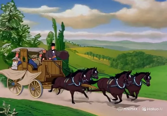 Extend the animation using the same uploaded image. The chariot and horses now gallop steadily toward a distant 19th-century city, its silhouette emerging with clustered rooftops, smokestacks, and faint chimney smoke. The dirt road transitions into cobblestone, with signs of civilization: fences, travelers, livestock, and roadside buildings.

As they near the outskirts, the driver slows the team to a steady canter. The camera shifts dynamically — low angles of hooves striking stone, then a wide view of the approaching city.

The chariot pauses briefly at a fork in the road where an older man with a walking stick and satchel stands waiting. Dressed in modest 19th-century attire, he greets the driver with a polite nod and brief exchange. The horses stir, then, with a flick of the reins, continue toward the city.

The city now grows more detailed — distant figures, light bustle, chiming bells, and rolling wheels over stone. Preserve all previous effects: full cinematic motion, parallax backgrounds, dynamic lighting, rich textures, and ambient sound. Let the rural landscape transition naturally into early urban scenery. by Hailuo AI Video Generator