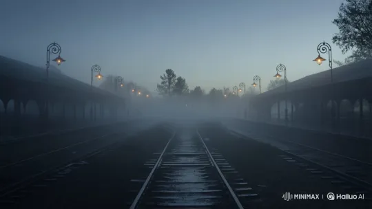 A foggy 1940s train station at dawn, abandoned tracks, flickering old lights, cold atmosphere
(Prompt: "1940s abandoned European train station at dawn, dense fog, empty tracks, flickering lights, cinematic, sad") by Hailuo AI Video Generator