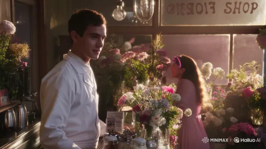 The scene begins with a slow zoom-in on K’s face — a young barista in a crisp white uniform standing behind the flower-decorated counter of FIORE24 SHOP. He has a soft, gentle smile as morning sunlight filters through the window, softly illuminating his face and the surrounding blooms. Light instrumental music plays in the background, adding a warm, romantic tone.

The camera then cuts to Annie, a young woman in a delicate pink dress, stepping into the cafe. The sunlight from outside outlines her figure as she enters. The camera slowly zooms in on her face as her eyes meet K’s. She smiles warmly in return — a smile full of connection and quiet joy.

For a brief moment, the camera lingers on their expressions, capturing the silent exchange of emotion. Around them, the flowers sway gently, the light glows softly, and the romantic atmosphere of the cozy vintage cafe feels timeless and magical. by Hailuo AI Video Generator