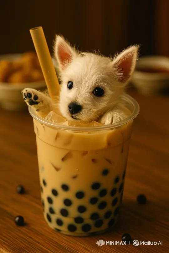 Create a video of dog swiming in milktea with water flowing out and the dog licking milktea by Hailuo AI Video Generator