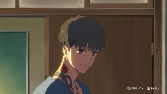 An anime guy with dark eyes like dark chocolate that glows like honey in the sun light, with a charming and sweet lazy smile and almond eyes and a snake Rose tattoo on his neck and a beauty mark on his cheek and under his lip on his chin and has a silver ear piercings a long his ears and one on his tongue, eyebrow and has rings and a neck and has short hair with layered front bangs, height 5'3 andage is 17 and has a vintage street wear style and caring personality like a cat and dog and is walking out of class into the garden to pet a cat by Hailuo AI Video Generator